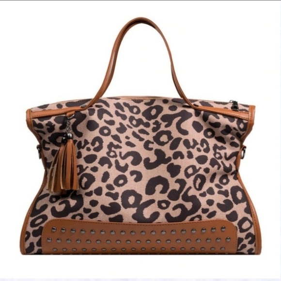 Handbags - Leopard Print Studded Tote Bag